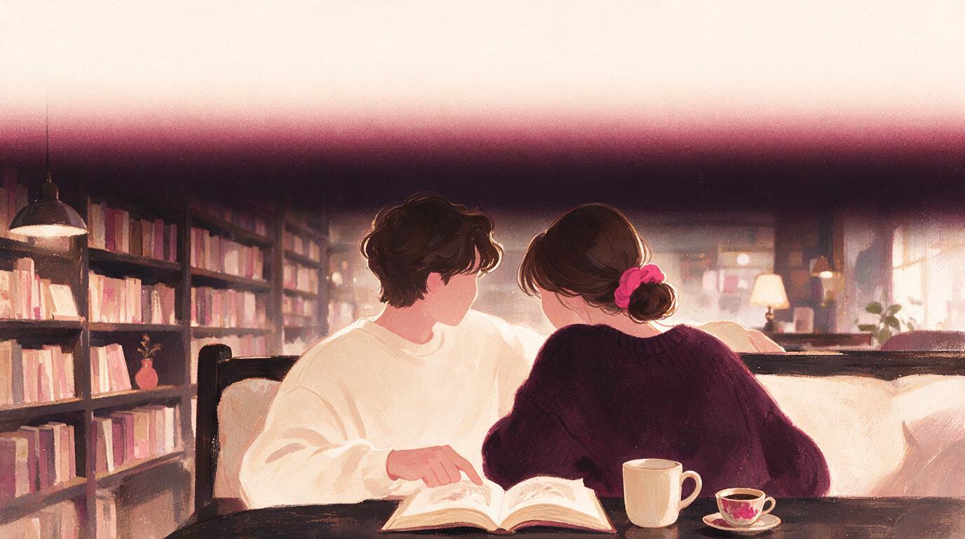 A couple reading together in a cozy bookstore